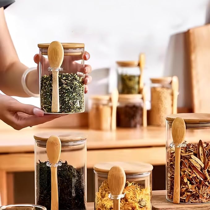 25 oz/750 ml Glass Storage Canister with with Airtight Lid, Cute Clear Decorative Container Jar with Wooden Spoon for Coffee Spice Candy Salt Cookie Condiment Sugar Matcha Tea Overnight Oats