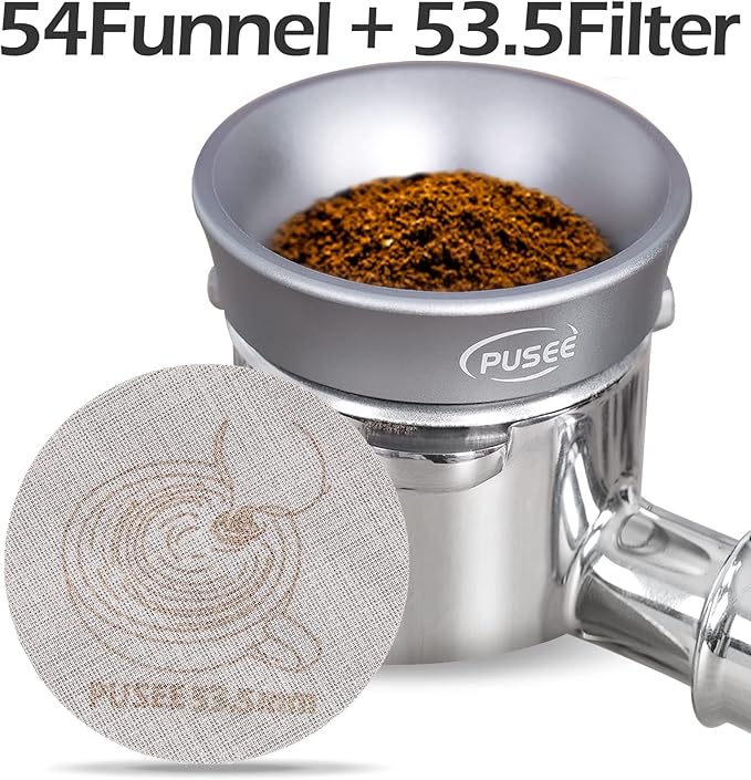 54mm Espresso Dosing Funnel & 53.5mm Puck Screen,PUSEE Coffee Dosing Ring Aluminum Metal,Reusable 1.7mm Thickness 150μm Espresso Puck Screen 316 Stainless Steel Fits 54mm Portafilter
