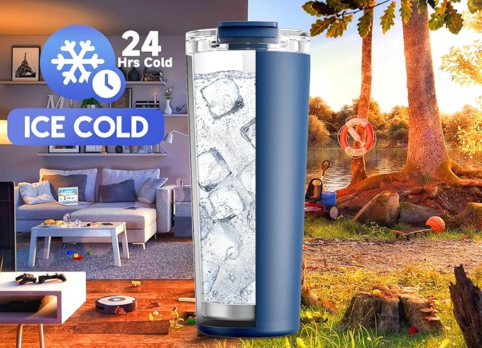 Meoky 24 oz Travel Coffee Mug with Leak-proof Lid, Stainless Steel Insulated Coffee Tumbler, Keeps Hot for 8 Hours or Cold for 24 Hours, Fits in Car Cup Holder (Sea)