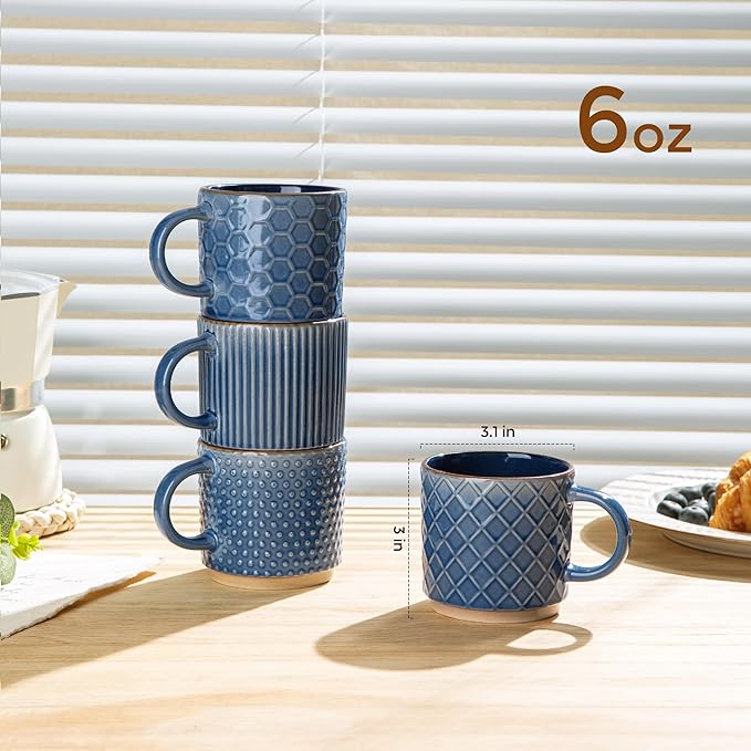 GBHOME 6 OZ Stackable Coffee Mugs, Ceramic Coffee Mugs with Texture Patterns for Man,Woman,Dad,Mom, Modern Coffee Cups Set of 4 for Espresso/Cappuccino/Cocoa. Dishwasher&Microwave Safe, Moonlight Blue