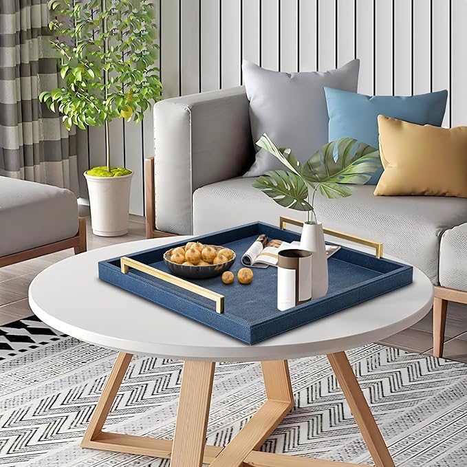 Large Navy Blue Decorative Tray for Ottoman,Stylish Rectangle Coffee Table Tray with Handles,Versatile Serving Tray for Living Room and Home Decor