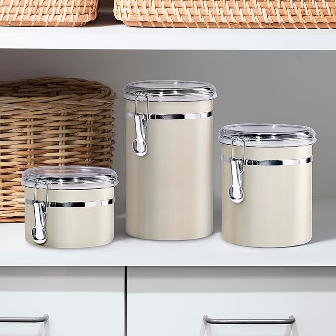 Oggi Stainless Steel Kitchen Canister 26 fl oz, Gray - Airtight Clamp Lid, Clear See-Thru Top - Ideal for Kitchen Storage, Food Storage, Pantry Storage. Size 5" x 3.5".