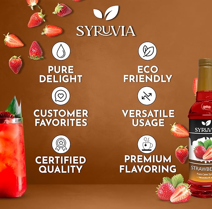 Syruvia Strawberry Syrup, Flavored Syrup for Drinks, Cocktails, Lemonades, Iced Teas, and Desserts – 25.4 fl oz, With Pump