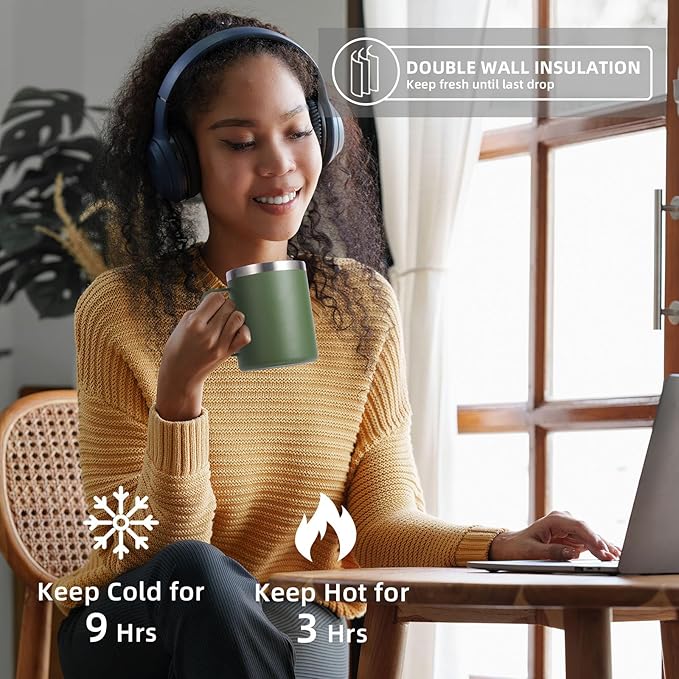 Volhoply 12oz Insulated Leakproof Coffee Mug with Flip & Straw Lid Bulk 4 Pack,Double Wall Vacuum Stainless Steel Travel Tumbler Cup with Handle,Camping Mugs Keep Cold/Hot(Army Green,4 Set)