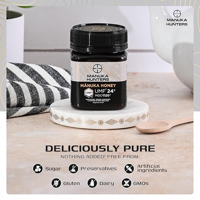 Manuka Hunters UMF 24+/MGO 1120+ Certified New Zealand Manuka Honey - 100% Pure Natural Sweetener - Gluten, Dairy Free - Ideal for Tea, Coffee, Smoothies, and Baking - Sustainable - 8.8oz/250g Jar