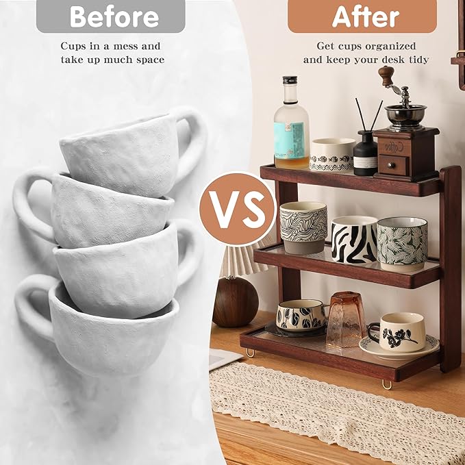 Coffee Mug Holder Wooden Cup Rack,3-Tier Acrylic Home Coffee Mug Display Rack for Kitchen Countertops, Coffee Bars, for Placing Mugs, Coffee Beans, Syrup, Cups, Stirrers