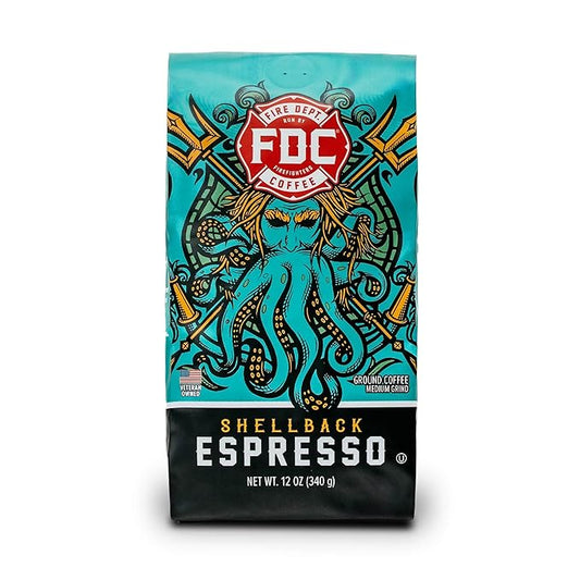 Fire Department Coffee - Gives Back to Firefighters - Bold & Smooth Shellback Espresso Ground Coffee - Roasted in the USA - Veteran Owned - 12 oz