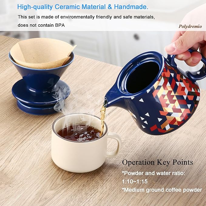 Pour Over Coffee Maker, Ceramic Coffee dripper with 100 pcs Size 02 Paper Filter, Ceramic coffee Server with Lid, 15.5oz/450 ml, Suitable for 1-2 people (Blue)