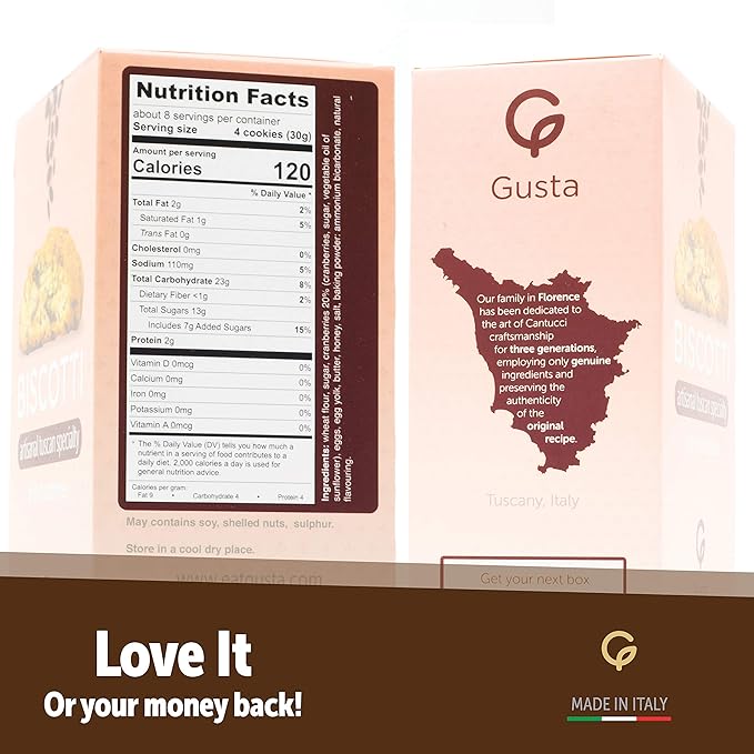 Gusta Authentic Soft Biscotti Cookies Made in Tuscany, Italy - Cranberry - Original Two Bites Size - All Natural Ingredients - Fresh & Genuine Italian Dessert Treats - 8.82oz