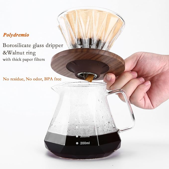 Glass Coffee Dripper with 100 pcs of Size 02 Paper Filter, Borosilicate Glass & Walnut Collar, Pour Over Coffee Maker, 1-3 Cups, Clear