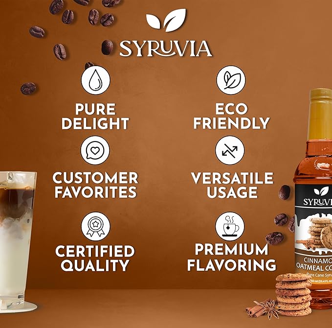 Syruvia Coffee Syrup, Cinnamon Oatmeal Cookie Flavored Syrup for Drinks, Lattes, and Desserts – 25.4 fl oz, With Pump