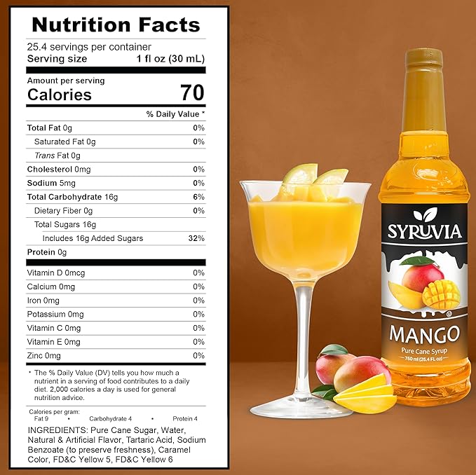 Syruvia Mango Syrup, Flavored Syrup for Drinks, Cocktails, Lemonades, Iced Teas, and Desserts – 25.4 fl oz, With Pump