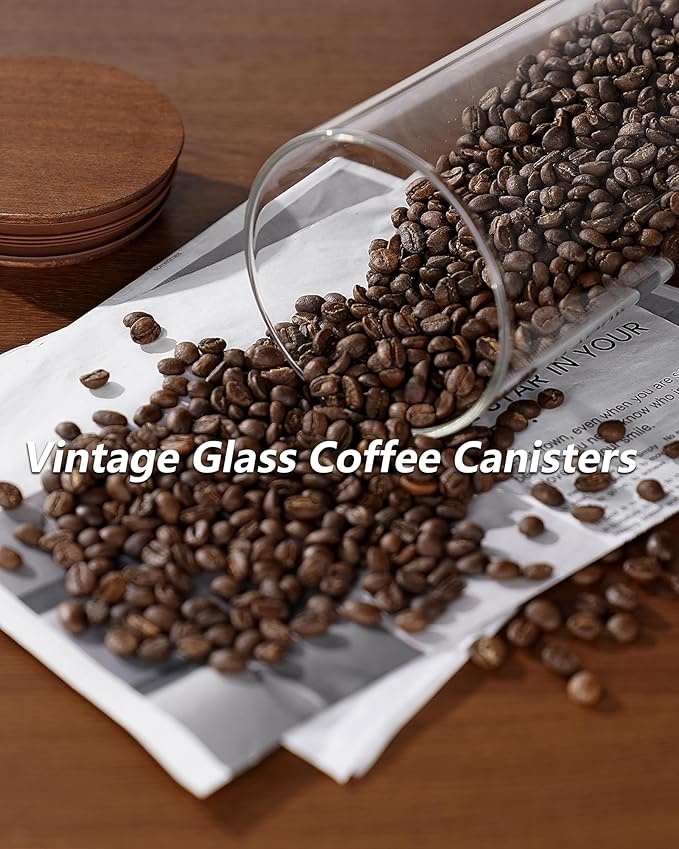 2PCS of 50floz Round Coffee Canister with Wooden Lids, Airtight Glass Coffee Jars for Ground Coffee, Coffee Beans Storage Container