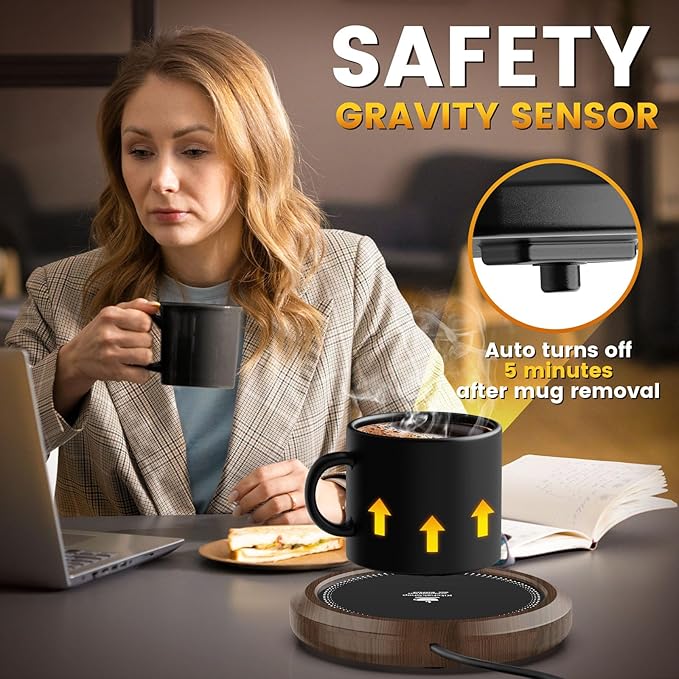 Fast Heating Mug Warmer - 4 Temp Settings & 1-12H Timer, Coffee Cup Warmer Plate for Desk Auto Shut Off, Ideal Beverage Warmer Gift for Coffee, Tea, Milk (Wood)