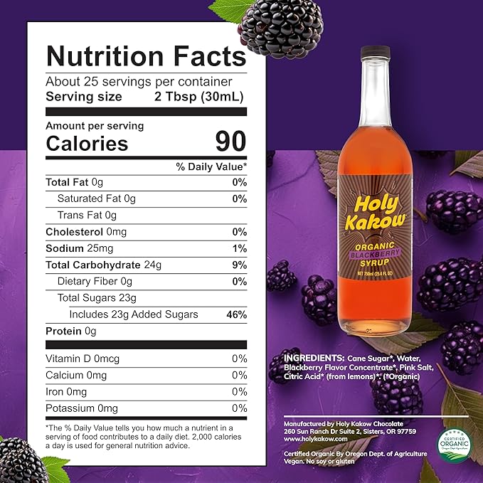 Holy Kakow Cafe Organic Blackberry Syrup - Blackberry Coffee Syrup, Organic Syrup for Coffee, Latte, Cocktail and Shake, Real Food Ingredients - 750ml
