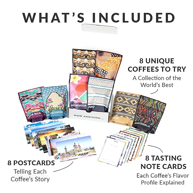Atlas Coffee Club World of Coffee Discovery Set - Gourmet Coffee Gift Sampler - 8-Pack Variety Box of the World’s Best Single Origin Coffees - Freshly Ground Coffee