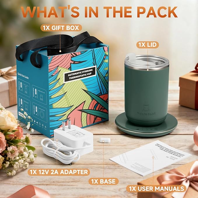 Smart Heated Coffee Mug with Temperature Control, Magnetic Auto Stirring & 3 Heat Levels, Type-C USB Rechargeable Stainless Steel Mug, 8-Hour Shut-Off, Perfect for Desk, Home, Office,Tea – Green 11oz