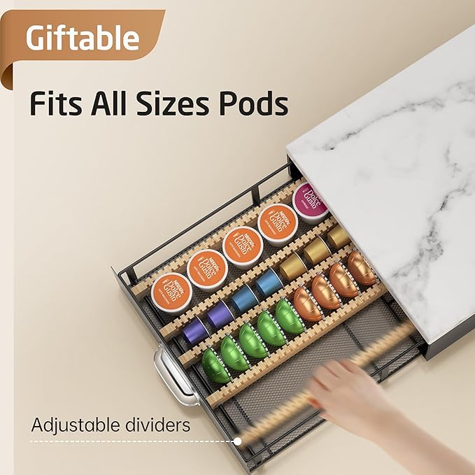 KES Natural Marble Top Coffee Pod Holder Drawer, Adjustable Metal Coffee Pod Organizer Fit All Pods Size (Nespresso Vertuo, K-cup, Nespresso Origin Capsules), 40/52Pcs Capacity, Black, KCPH503-BK