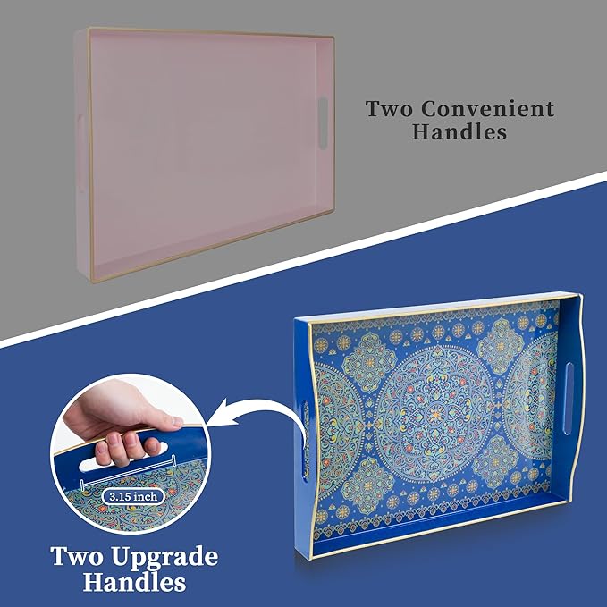 Gifturbo Decorative Tray for Coffee Table with Handles,Plastic Elegant Floral Rectangular Serving Tray for Ottoman,Living Room,Bathroom,Home Decor,Entertaining,2 Handles