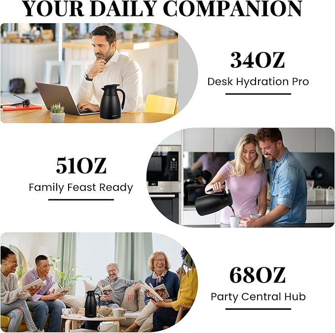 51 Oz Thermal Coffee Carafe, Stainless Steel Insulated Vacuum coffee crafts to keep coffee hot, 1.5 Liter Tea Water Coffee and Beverage Dispenser (Black)