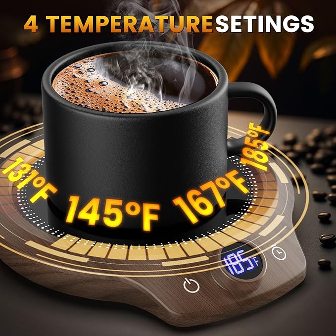 Fast Heating Mug Warmer - 4 Temp Settings & 1-12H Timer, Coffee Cup Warmer Plate for Desk Auto Shut Off, Ideal Beverage Warmer Gift for Coffee, Tea, Milk (Wood)