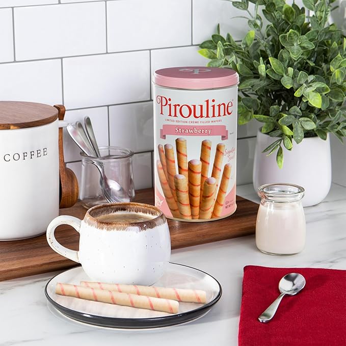 Pirouline Rolled Wafers – Strawberry – Rolled Wafer Sticks, Crème Filled Wafers, Rolled Cookies for Coffee, Tea, Ice Cream, Snacks, Parties, Gifts, and More – 14.1oz Tin 6 Pack