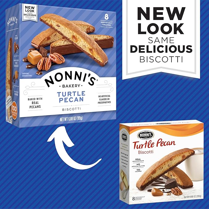 Nonni's Turtle Pecan Biscotti Italian Cookies - 6 Boxes Caramel Pecan Cookies Dipped in Milk Chocolate - Butter Pecan Biscotti Individually Wrapped Cookies - All Natural Ingredients - Kosher - 6.88 oz