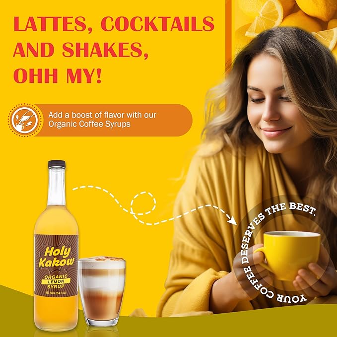 Holy Kakow Cafe Organic Lemon Syrup - Lemon Syrup, Coffee Syrup, Organic Syrup for Coffee, Lemon Syrup for Coffee, Add to Latte, Cocktail and Shake, Real Food Ingredients, Specific Flavor - 750ml