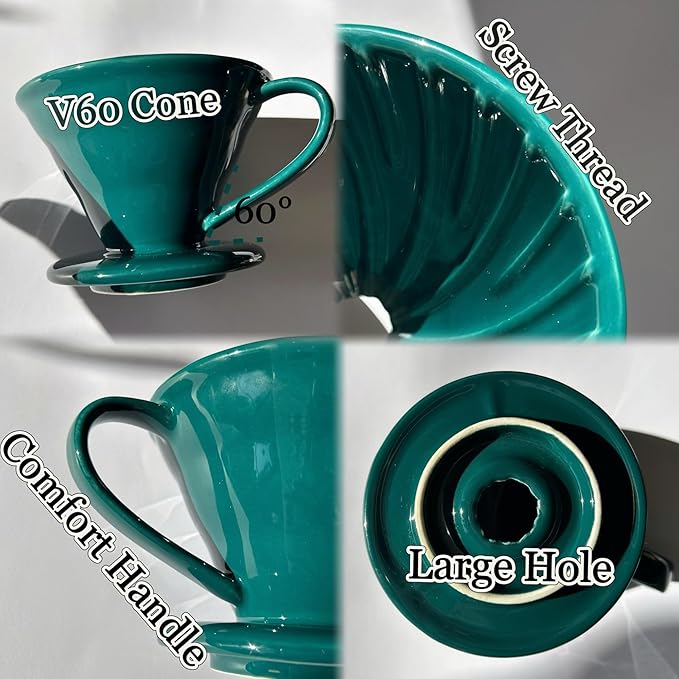 Pour Over Coffee Dripper - Ceramic Pour Over Coffee Maker Cone, Porcelain Coffee Drip, Pour Over Single Cup, Manual Brew Maker for Home, Cafe, Office - 1-4Cup, V60 Size 02 (Dark green)