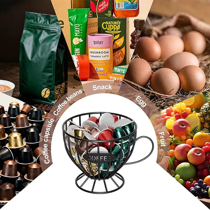Coffee Pod Holder,Large K Cup & Capsule Storage Organizer, Tea Cup Coffee Capsule Basket, Metal Coffee Bar Organizer for Kcup Kitchen Dinning Room Office Home Cafe Hotel (Black)