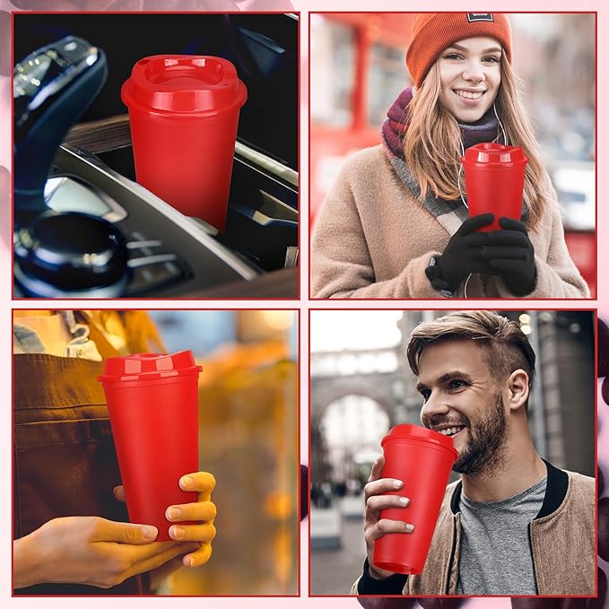 Domensi 15 Pack Reusable Coffee Cups with Lids 16 oz Disposable Travel Cups Bulk Plastic to Go Coffee Tumblers for DIY Hot Cold Drink Party Favors Coworker, Microwaveable (Red)