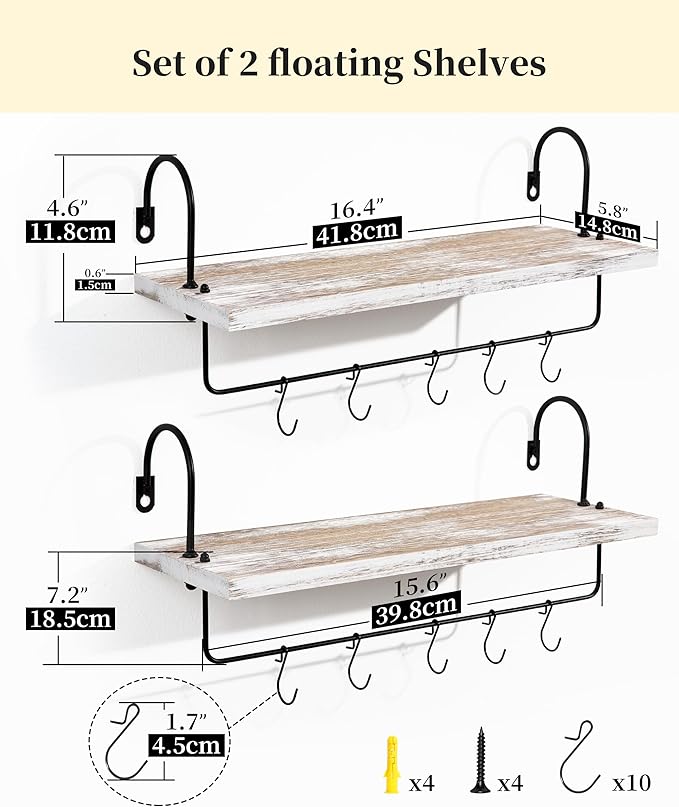 Coffee Mug Holder, Coffee Bar Shelf with Hooks Wall Mount Cup Organizer Mug Racks Pods Storage Hanger Farmhouse Kitchen Decor, White
