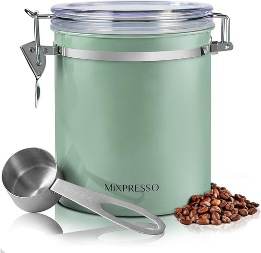 Mixpresso Green Coffee Canister, 16oz Airtight Stainless Steel Kitchen Food Storage Container with Clear Lid and Spoon. for Grounds Coffee, Beans, Tea, Flour, Cereal, Vacuum Sealed Sugar Container
