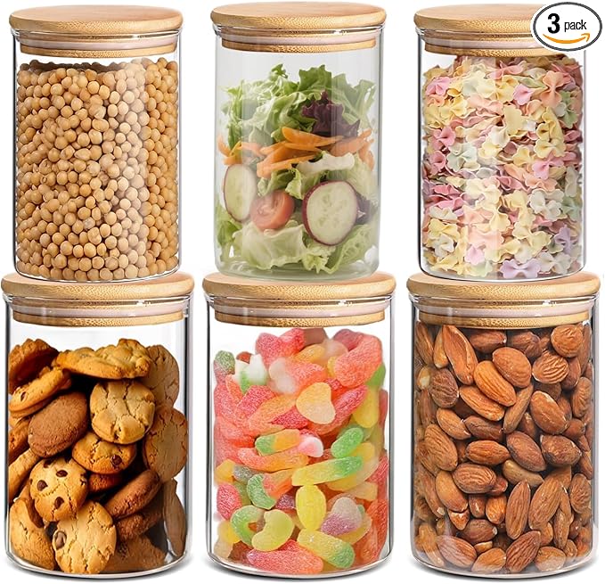33 oz Glass Food Storage Jars with Airtight Lids, Clear Glass Jar with Bamboo Lid, Airtight Food Canister for Tea, Candy, Coffee, Sugar, Cookie, Snack. (Round | 5+6 Inch) SET of 3