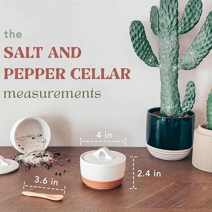 Mora Ceramic Salt and Pepper Cellar Set with Lid - 10 oz Modern Canister/Container/Bowl for Storage, Sea Salt, Spice, Sugar, Countertop - Small Dish/Jar with Wood Spoon, White Crock