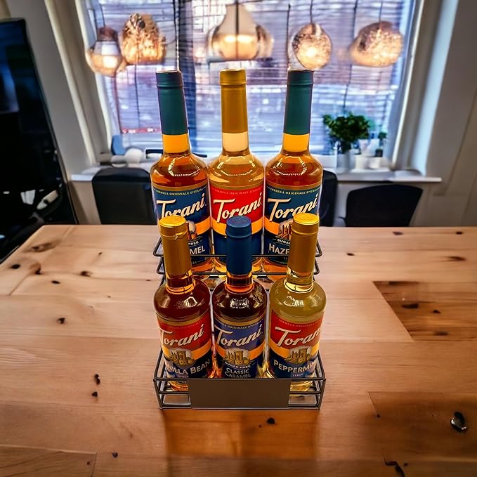 Liquor Organizer Coffee Syrup Rack - Premium Wine Bottle Rack, bar Organizer Shelf Holder Syrup Stand Display for dressings, and Cocktail Mixers - 6 Bottle Capacity (Black)