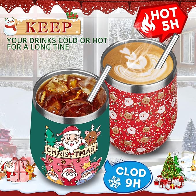 Christmas Wine Tumbler 12 oz Stainless Steel Wine Tumble Insulated Wine Tumbler with Lid Christmas Wine Glass Gifts with Straw and Brushes for Women Men Xmas Wedding Party (Red)