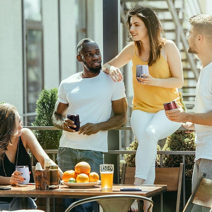 MEWAY 12oz/4 Pack Wine Tumbler Glasses with Lid - Stemless Double Wall Vacuum Stainless Steel Glitter Tumbler - Keeping Cold & Hot Cup for Coffee,for Women(Gradient Blue,Set of 4)