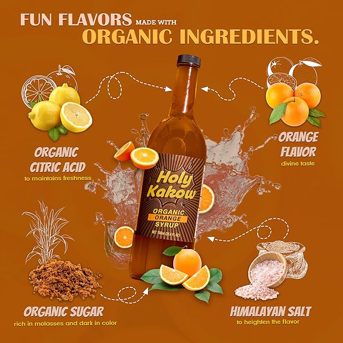Holy Kakow Cafe Organic Orange Syrup - Orange Syrup, Coffee Syrup, Organic Syrup for Coffee, Orange Syrup for Coffee, Add to Latte, Cocktail and Shake, Real Food Ingredients, Specific Flavor - 750ml