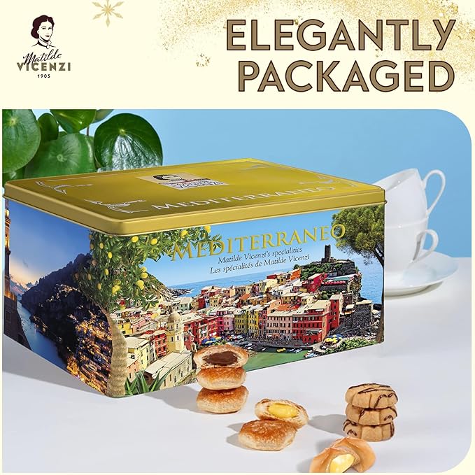 Matilde Vicenzi Mediterraneo Cookie Gift Tin - Italian Pastries & Cookies in Individually Wrapped Trays - Gourmet Gifts For Thanksgiving, Christmas - Assorted Cookies in Italian Design Tin 32.5oz (920g)