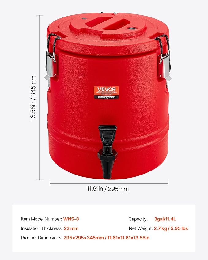 VEVOR Insulated Beverage Dispenser, 3 Gal/11.4L Thermal Hot and Cold Drink Server Dispenser with Spigot, Food-Grade Cooler Jug with 304 Stainless Steel Interior, for Tea Coffee Restaurant Outdoor