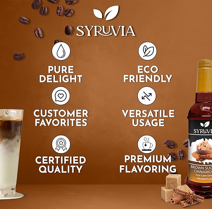 Syruvia Coffee Syrup, Brown Sugar Cinnamon Flavored Syrup for Drinks, Lattes, and Desserts – 25.4 fl oz