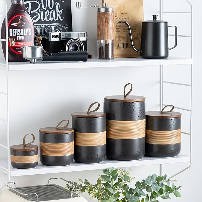 Ceramic Jar with Lid, Coffee Container Kitchen Food Storage Jars for Spice Sugar Tea Bag, Stackable Decorative Jars for Countertop, Black & 18 fl.oz
