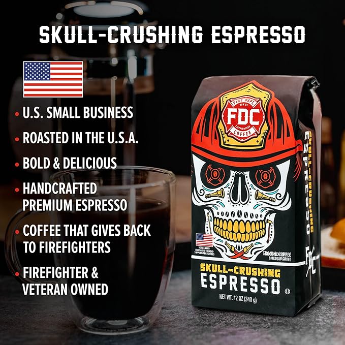 Fire Department Coffee - Gives Back to Firefighters - Full-Bodied & Bold Skull Crushing Espresso Beans - Roasted in the USA - Premium Whole Bean Coffee - Veteran Owned - 12 oz