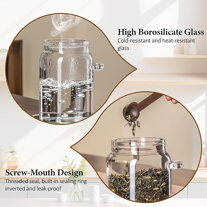 4 Pack 15 oz/450 ml Glass Storage Canister with Airtight Wooden Lid, Clear Small Decorative Container Jar with Spoon for Salad Overnight Oats Snacks Yogurt Cereal Fruit Spice Sugar Coffee