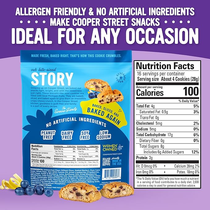 Cooper Street Twice-Baked Blueberry Lemon Biscotti Cookies (16 oz Pack of 4) – Over 50 Biscotti per Bag Loaded with Real Fruit, Traditional Italian Style Snacks - Dairy, Peanut & Soy Free, Kosher