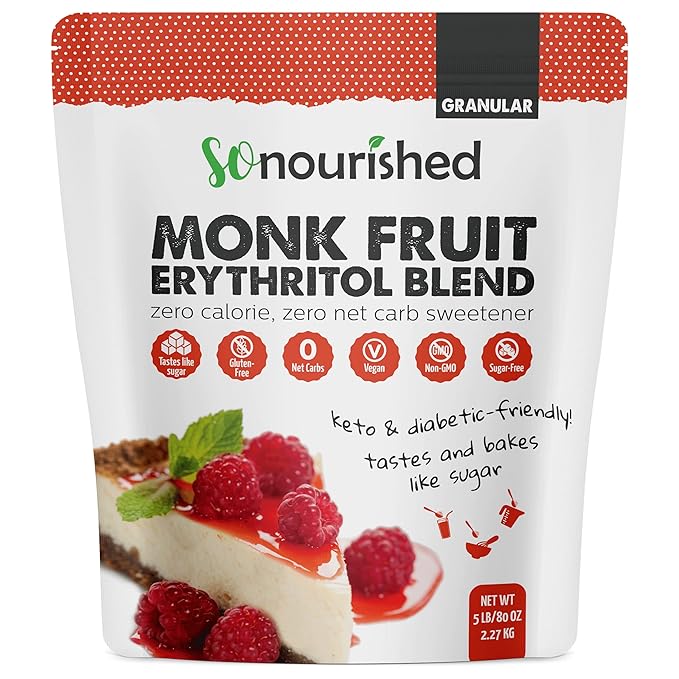 So Nourished Monk Fruit Sweetener with Erythritol Granular - 1:1 Sugar Substitute, Keto - 0 Calorie, 0 Net Carb, Non-GMO 5 Pounds
