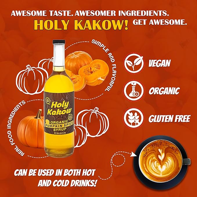 Holy Kakow Organic Pumpkin Spice Syrup - Pumpkin Spice Coffee Syrup, Organic Syrup for Coffee, Latte, Cocktail & Shake, Real Food Ingredients - 750ml