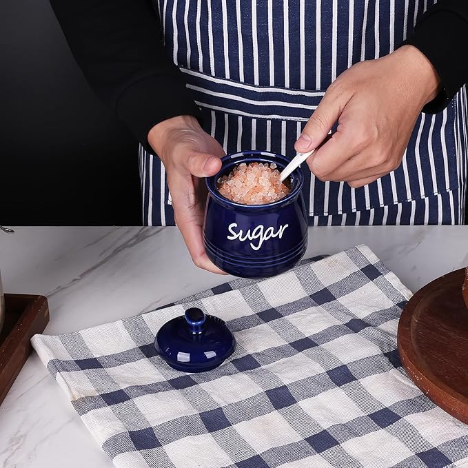 HAOTOP 12oz Sugar Bowl with Lid and Spoon,Ceramic Sugar Jar Sugar Dispenser Sugar Container Coffee Bar Accessories, Kitchen Countertop Canisters, Navy