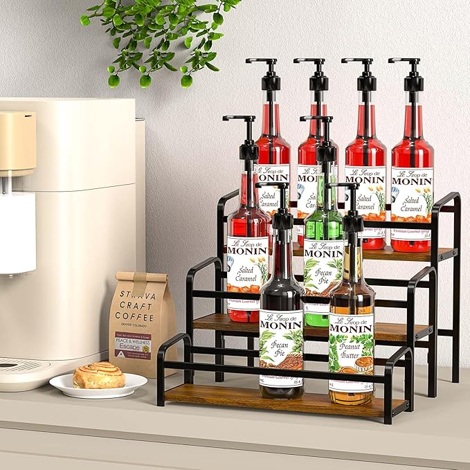 Coffee Syrup Organizer, 3-Tier Syrup Rack 12 Bottles Capacity, Coffee Syrup Rack Free-Installation(Magnetic Connection), Spice Rack for Countertop, Bar, Kitchen
